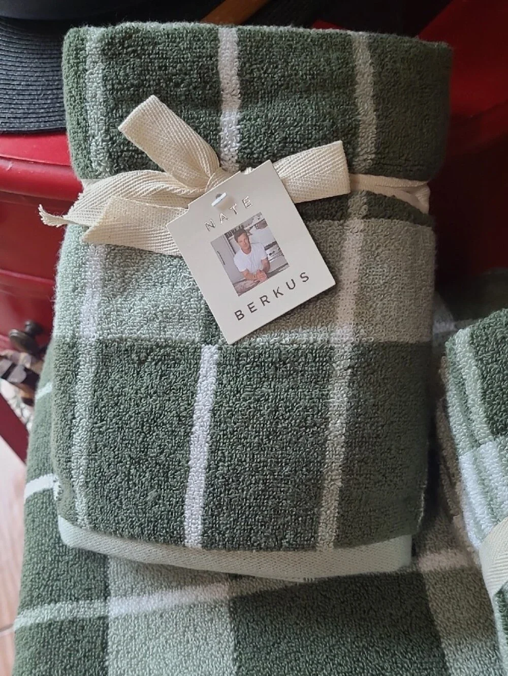 Nate Berkus Forest Green and White Plaid Towel Set